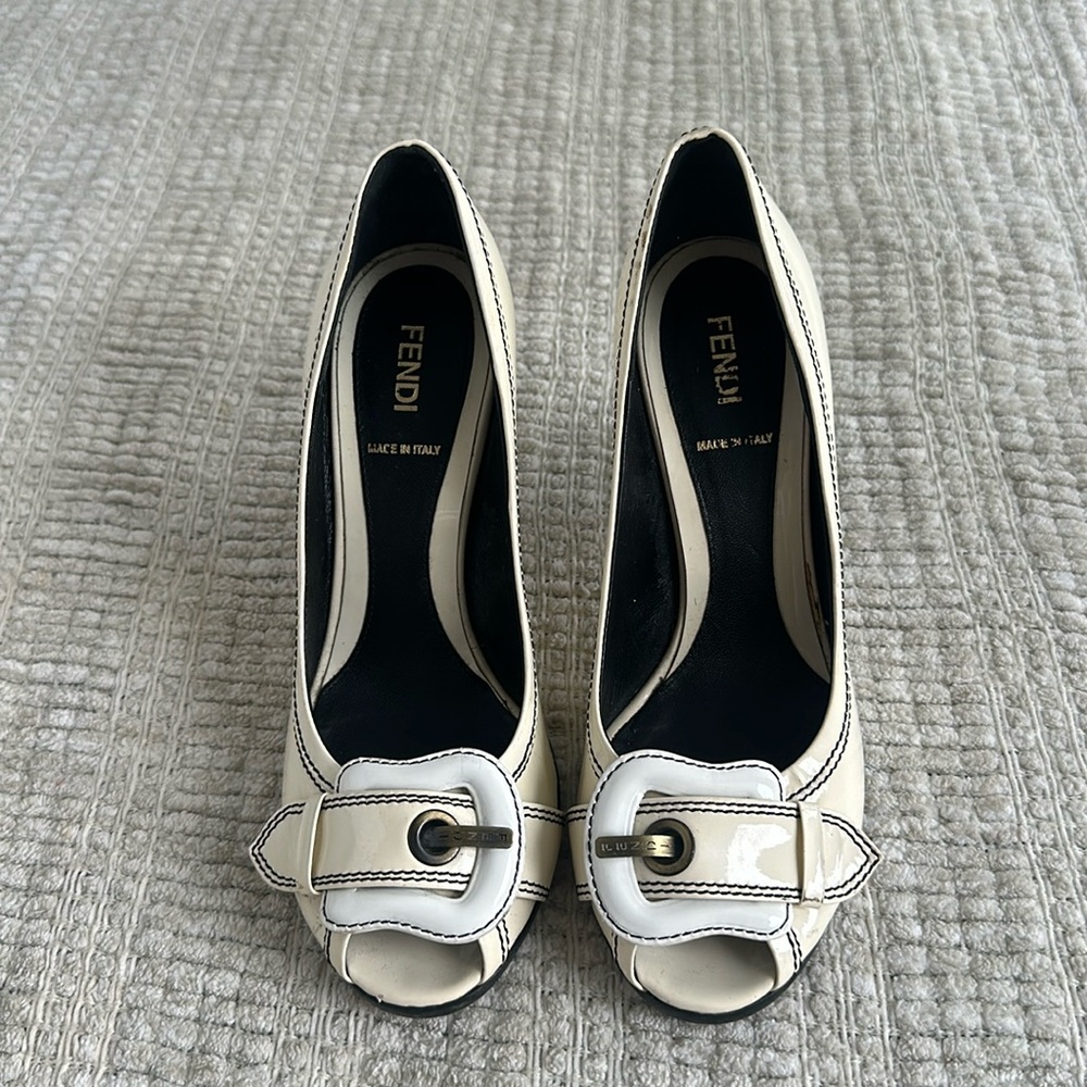 Fendi Cream and Black Peep Toe with Buckle Detail